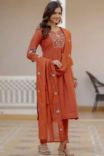 orange viscose silk embroidery & sequins work straight suit