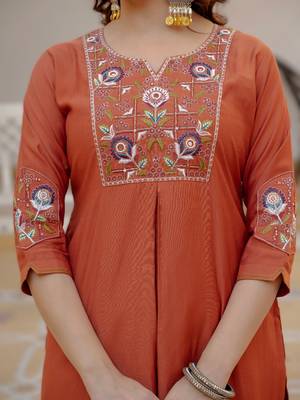 orange viscose silk embroidery & sequins work straight suit 4
