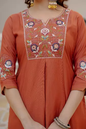 orange viscose silk embroidery & sequins work straight suit