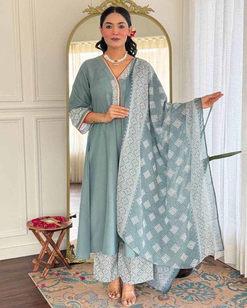 Green rayon embroidered ethnic readymade kurta set