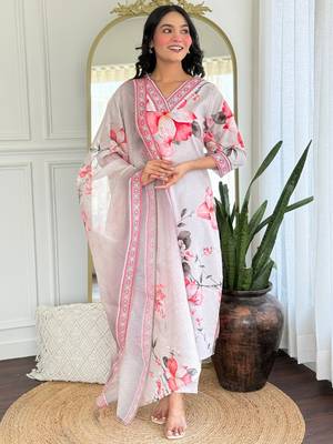 Cream rayon embroidered readymade kurta set 1