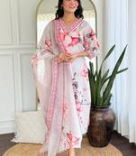 Cream rayon embroidered ethnic readymade kurta set