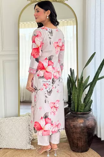 Cream rayon embroidered readymade kurta set