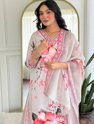 Cream rayon embroidered readymade kurta set 3