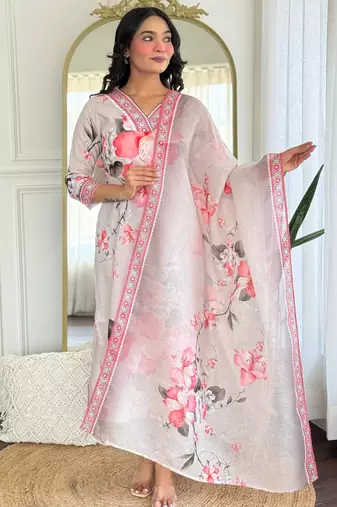 Cream rayon embroidered readymade kurta set