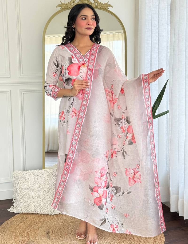 Cream rayon embroidered ethnic readymade kurta set