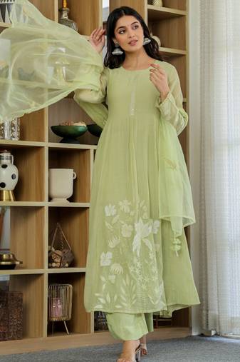 Pista chanderi silk embroidered ethnic readymade kurta set