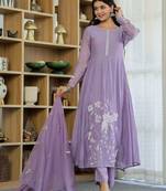 Lavender chanderi silk embroidered ethnic readymade kurta set