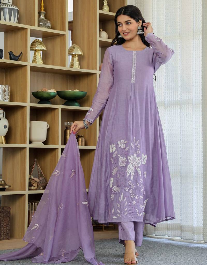 Lavender chanderi silk embroidered ethnic readymade kurta set