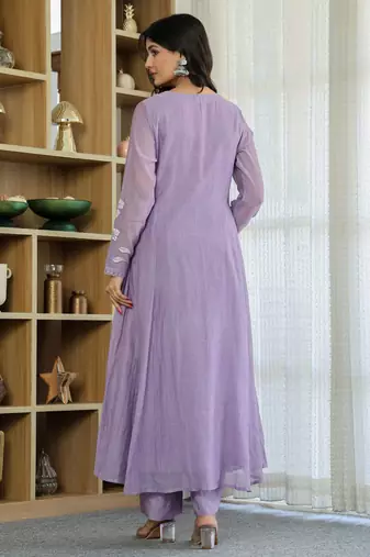 Lavender chanderi silk embroidered readymade kurta set