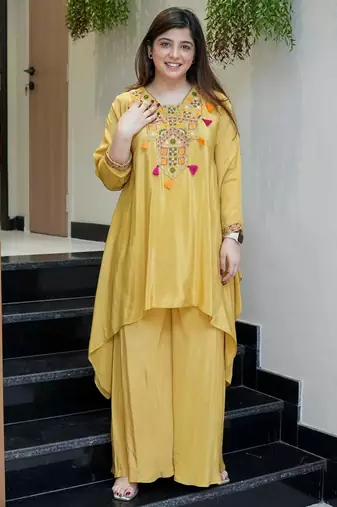 Yellow french crepe embroidered ethnic readymade kurta set