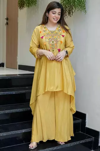 Yellow french crepe embroidered ethnic readymade kurta set