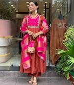 Rust silk blend embroidered partywear salwar kameez