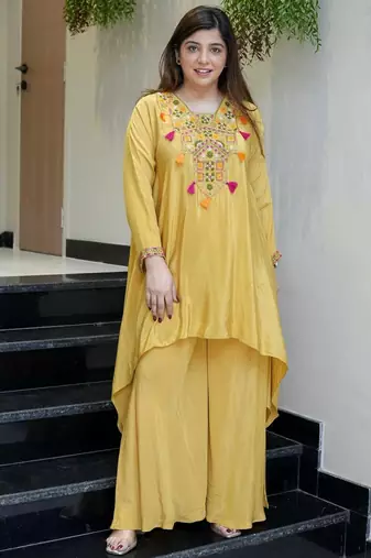 Yellow french crepe embroidered ethnic readymade kurta set