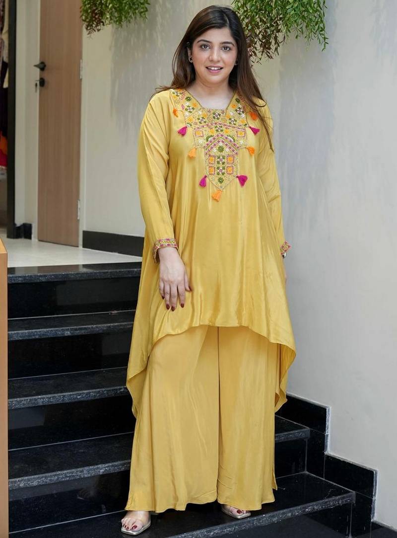 Yellow french crepe embroidered ethnic readymade kurta set