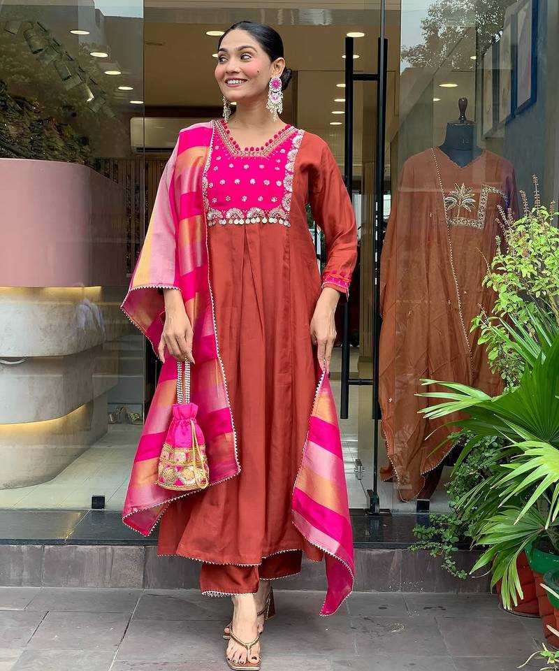Rust silk blend embroidered partywear salwar kameez