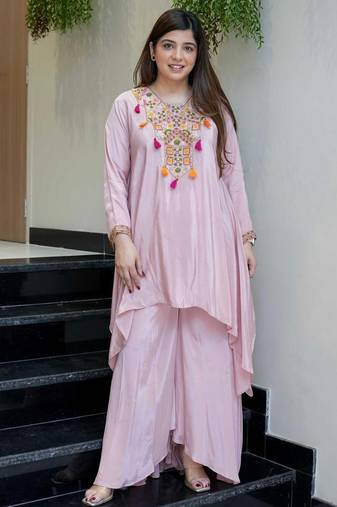 Pink french crepe embroidered ethnic readymade kurta set