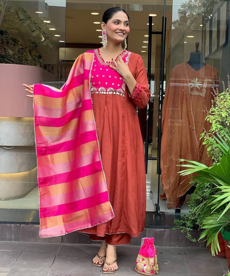 Rust silk blend embroidered partywear salwar kameez