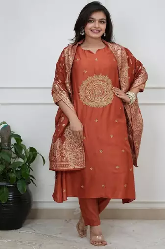 Rust silk blend embroidered partywear salwar kameez