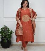 Rust silk blend embroidered partywear salwar kameez