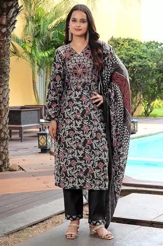 Black cotton silk embroidered ceremonial salwar suit