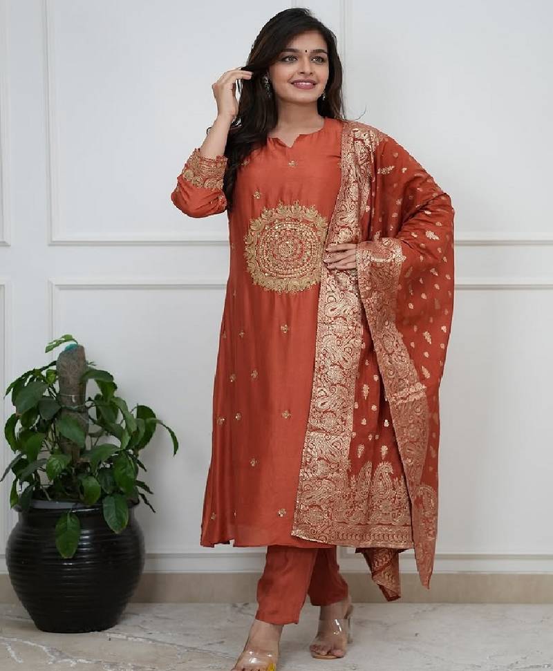 Rust silk blend embroidered partywear salwar kameez