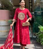 Red silk blend embroidered partywear salwar kameez