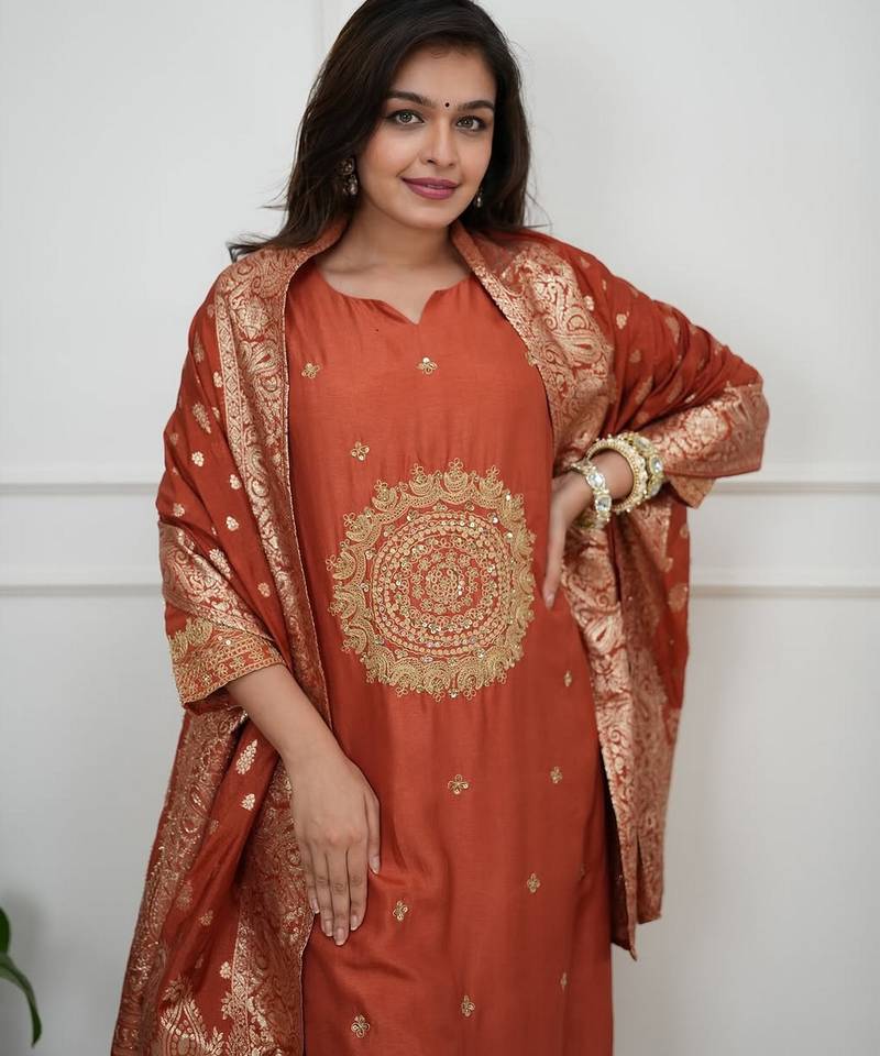 Rust silk blend embroidered partywear salwar kameez