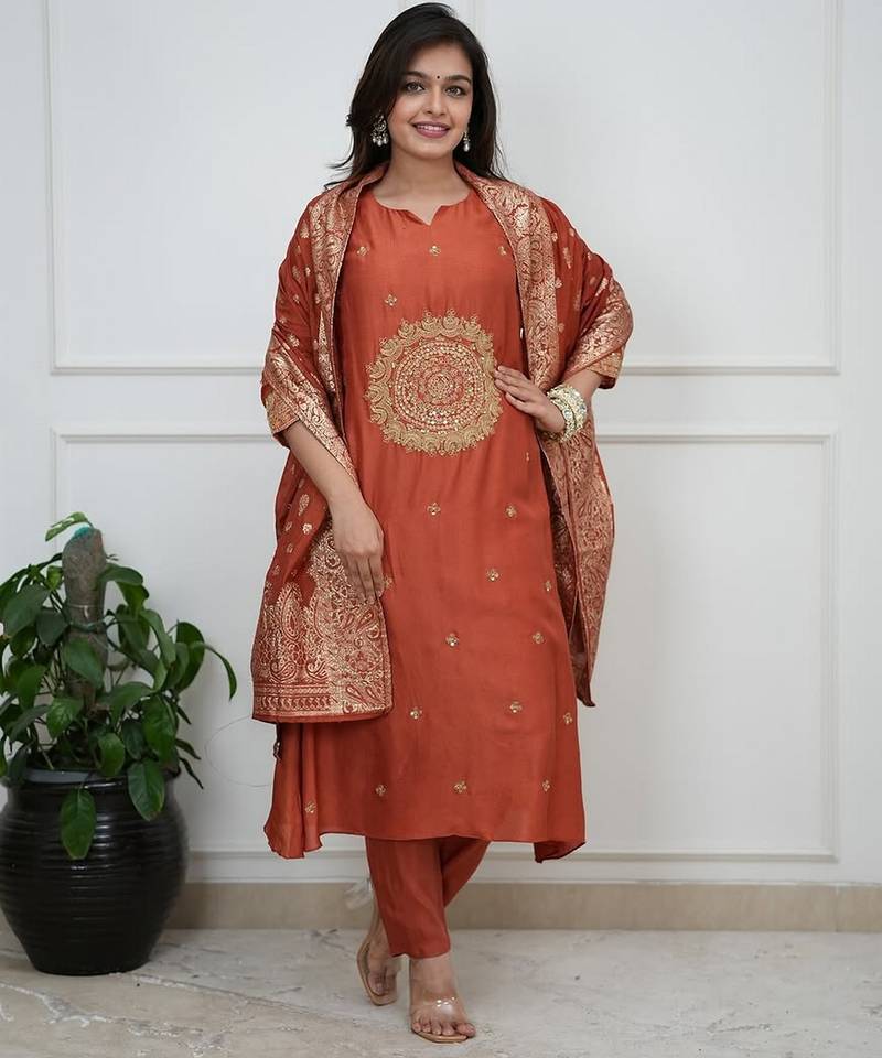 Rust silk blend embroidered partywear salwar kameez