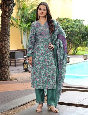 Green cotton silk embroidered ceremonial salwar suit 1