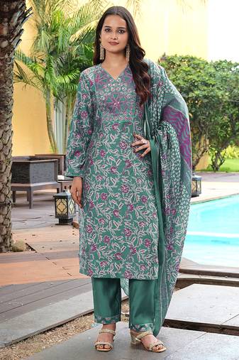 Green cotton silk embroidered ceremonial salwar suit