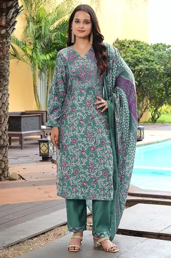 Green cotton silk embroidered ceremonial salwar suit
