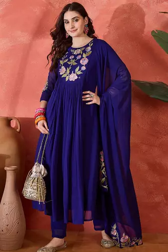 Royal blue silk blend embroidered salwar kameez