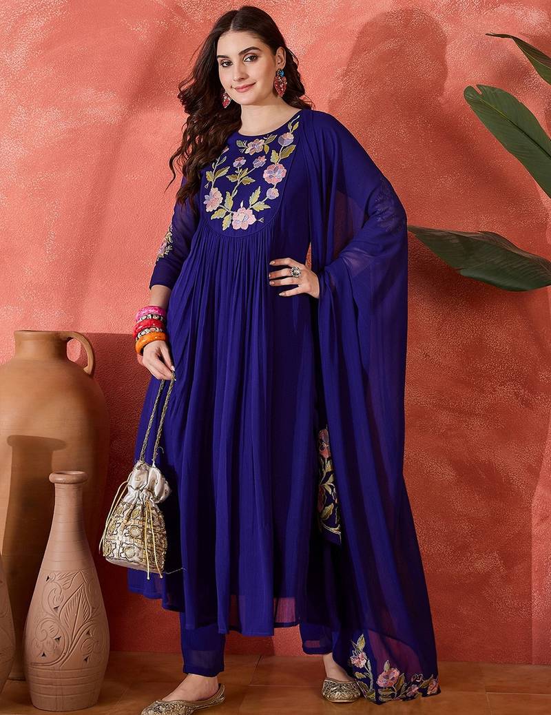 Royal blue silk blend embroidered salwar kameez