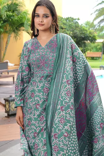 Green cotton silk embroidered ceremonial salwar suit