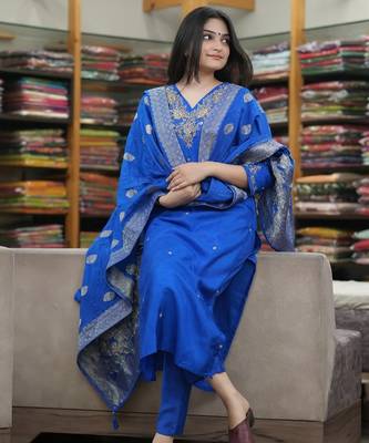 Blue silk blend embroidered salwar kameez 1