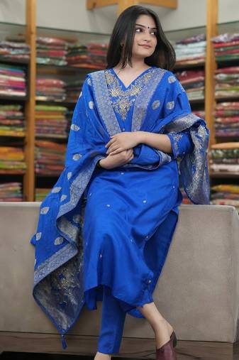 Blue silk blend embroidered salwar kameez