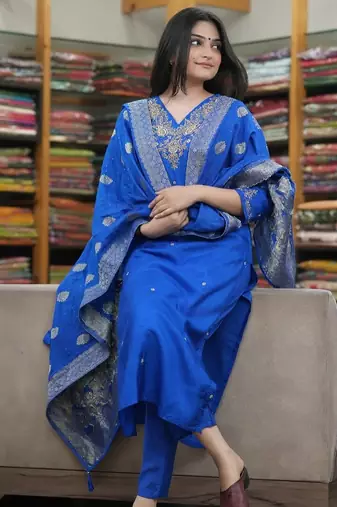Blue silk blend embroidered salwar kameez