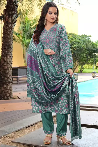 Green cotton silk embroidered ceremonial salwar suit