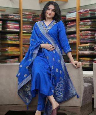 Blue silk blend embroidered salwar kameez 2