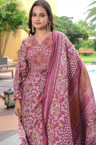 Pink cotton silk embroidered ceremonial salwar suit