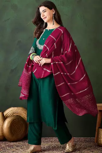 Green silk blend embroidered salwar kameez