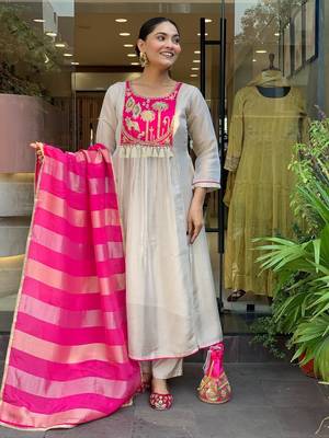 Cream silk blend embroidered salwar kameez 1