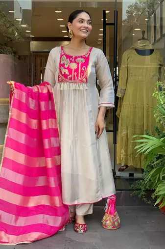 Cream silk blend embroidered salwar kameez