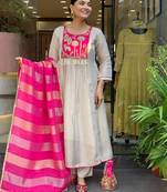 Cream silk blend embroidered salwar kameez