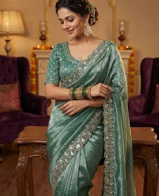 Blue Color Embroidery Work Of Beads & Sequins Work Fendy Satin Silk Saree 1