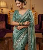 Blue Color Embroidery Work Of Beads & Sequins Work Fendy Satin Silk Saree