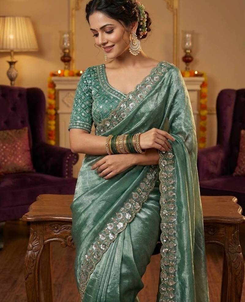 Blue Color Embroidery Work Of Beads & Sequins Work Fendy Satin Silk Saree