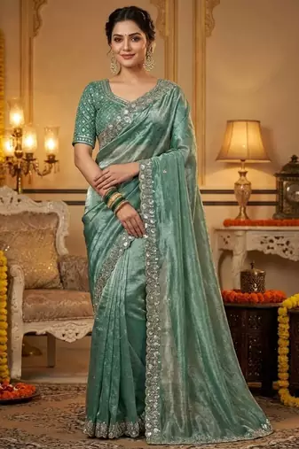 Blue Color Embroidery Work Of Beads & Sequins Work Fendy Satin Silk Saree