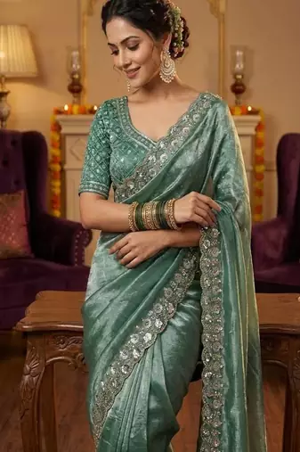 Blue Color Embroidery Work Of Beads & Sequins Work Fendy Satin Silk Saree